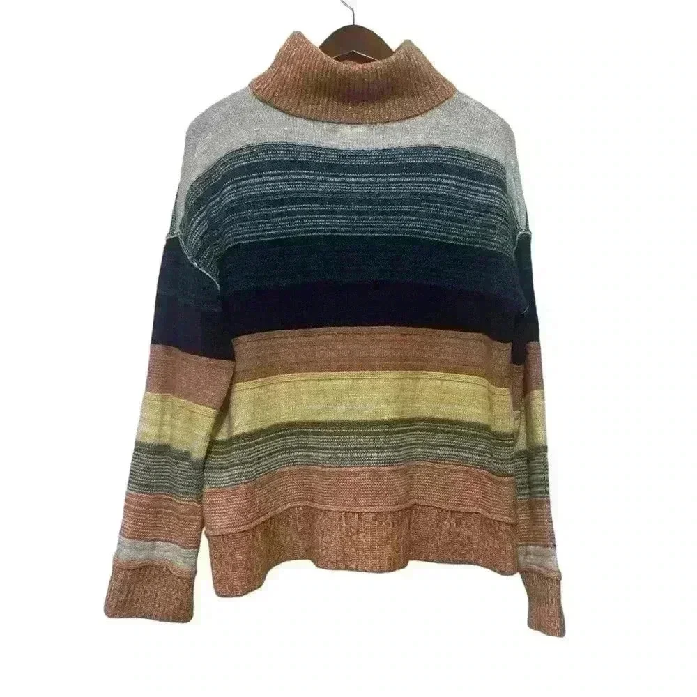 Caslon Chunky Stripe Cozy Lodge Turtleneck Sweater Preppy Y2K Sz L Fall Winter